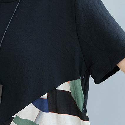Fine Black -print2 Patchwork Linen Shift Dress Loose Fitting Cotton Clothing Dress Short Sleeve Wild Prints Knee Dresses