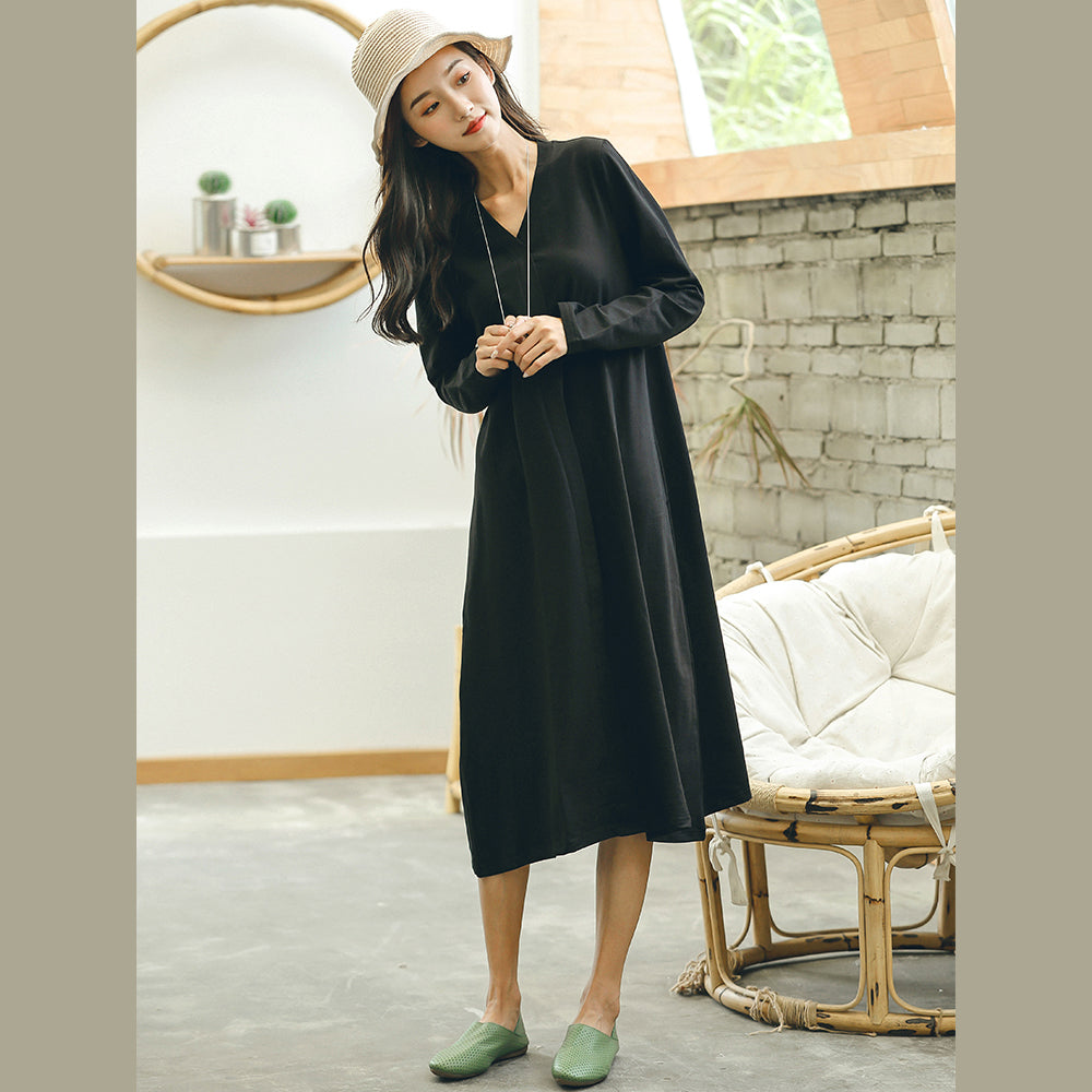 Fine Black Fall Dresses Baggy V Neck Jacquard Dresses