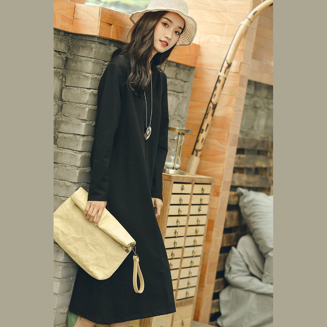 Fine Black Fall Dresses Baggy V Neck Jacquard Dresses