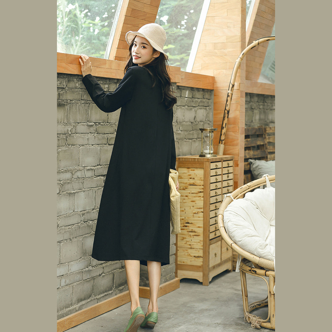 Fine Black Fall Dresses Baggy V Neck Jacquard Dresses