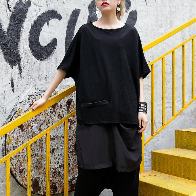 Fine Black Pure Linen Blouse Linen Cotton T Shirt Fine Asymmetric Hem Patchwork Cotton Shirts