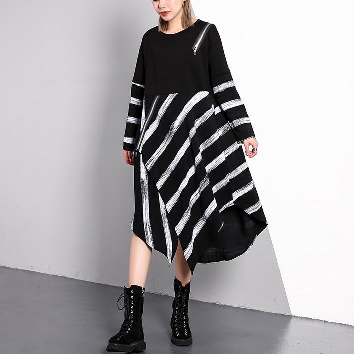 Fine Black Striped Fall Dresses Asymmetrical Design O Neck Cotton Blended Dress