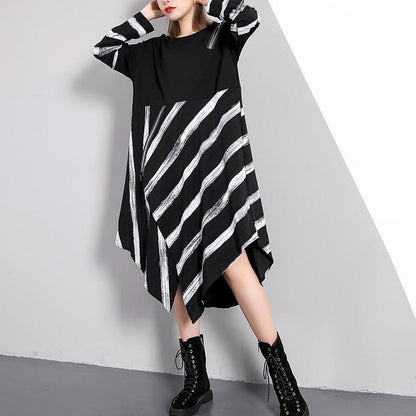 Fine Black Striped Fall Dresses Asymmetrical Design O Neck Cotton Blended Dress