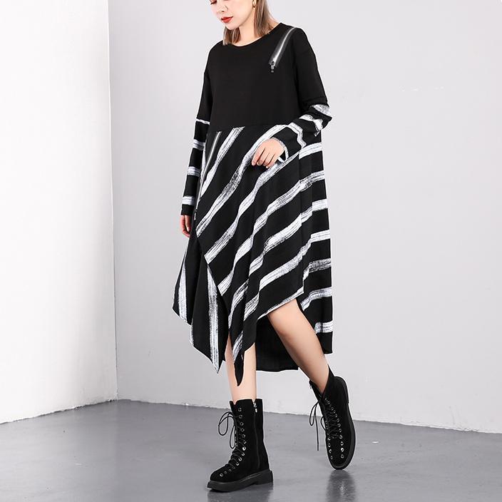 Fine Black Striped Fall Dresses Asymmetrical Design O Neck Cotton Blended Dress