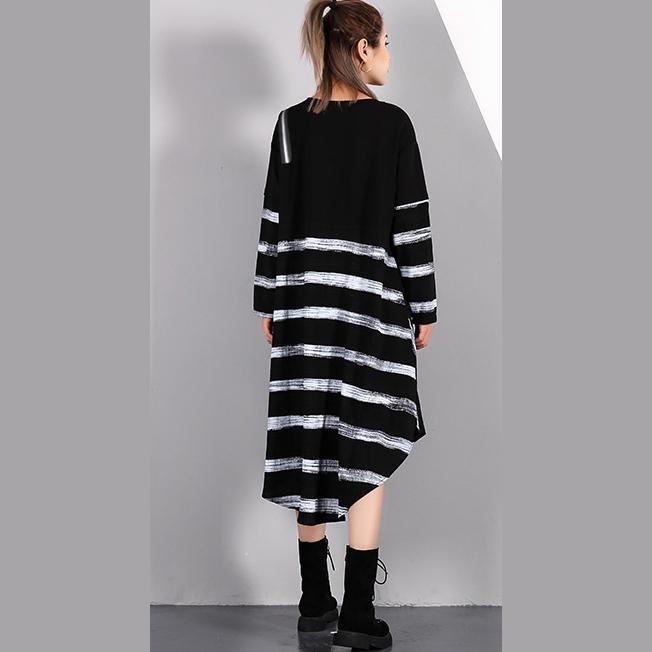 Fine Black Striped Fall Dresses Asymmetrical Design O Neck Cotton Blended Dress