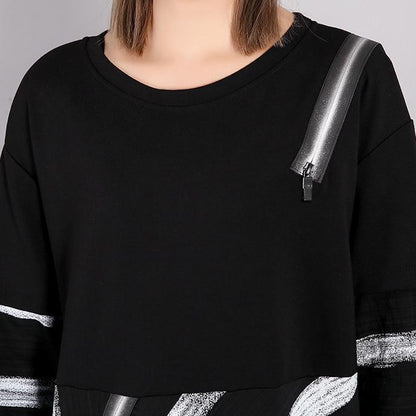 Fine Black Striped Fall Dresses Asymmetrical Design O Neck Cotton Blended Dress