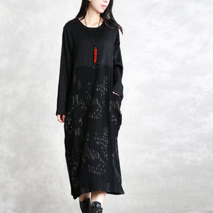 Fine Black Striped Autumn Cotton Blended Dress Clothing O Neck Patchwork Cotton Blended Gown Long Sleeve Pockets Maxi Dresses