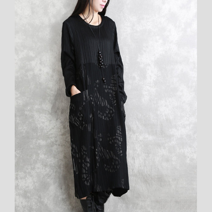 Fine Black Striped Autumn Cotton Blended Dress Clothing O Neck Patchwork Cotton Blended Gown Long Sleeve Pockets Maxi Dresses