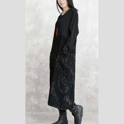 Fine Black Striped Autumn Cotton Blended Dress Clothing O Neck Patchwork Cotton Blended Gown Long Sleeve Pockets Maxi Dresses