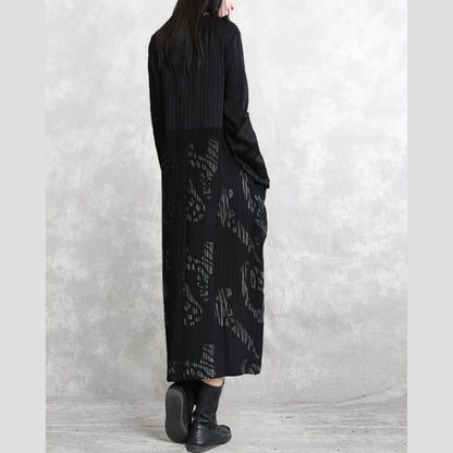 Fine Black Striped Autumn Cotton Blended Dress Clothing O Neck Patchwork Cotton Blended Gown Long Sleeve Pockets Maxi Dresses