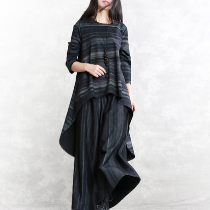 Fine Black Striped Pure Cotton Blended Two Pieces Traveling Clothing Boutique Long Sleeve O Neck Pockets Tops Cotton Blended Baggy Trouse