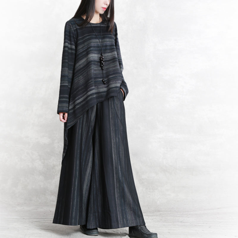 Fine Black Striped Pure Cotton Blended Two Pieces Traveling Clothing Boutique Long Sleeve O Neck Pockets Tops Cotton Blended Baggy Trouse