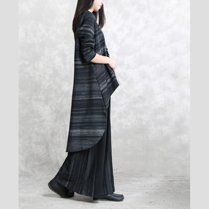 Fine Black Striped Pure Cotton Blended Two Pieces Traveling Clothing Boutique Long Sleeve O Neck Pockets Tops Cotton Blended Baggy Trouse