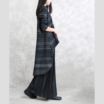 Fine Black Striped Pure Cotton Blended Two Pieces Traveling Clothing Boutique Long Sleeve O Neck Pockets Tops Cotton Blended Baggy Trouse
