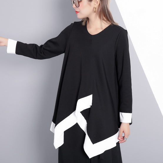 Fine Black T Shirt Loose Fitting V Neck Traveling Blouse Asymmetrical Design Cotton Blended Tops