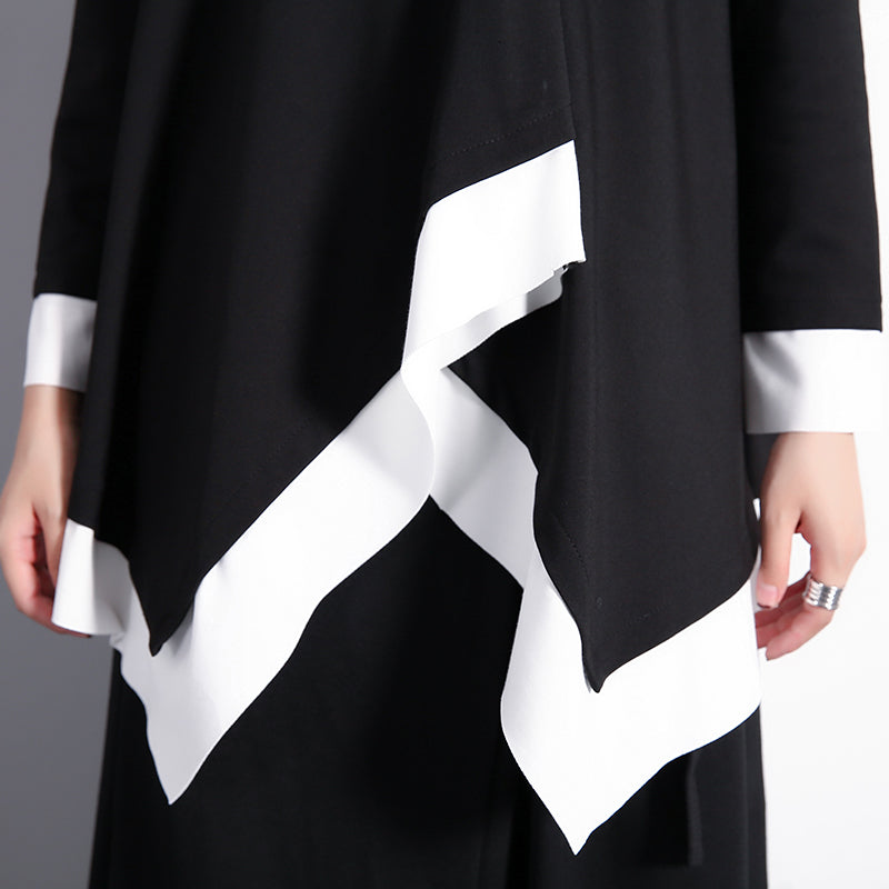 Fine Black T Shirt Loose Fitting V Neck Traveling Blouse Asymmetrical Design Cotton Blended Tops