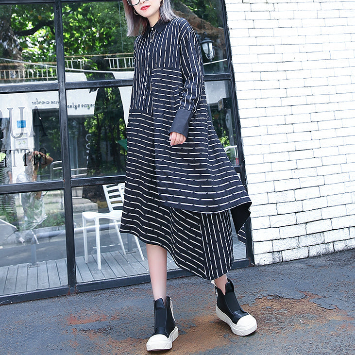 Fine Black White Striped Fall Shirt Dress Clothing Turn-down Collar Long Sleeve Asymmetrical Design Shirt Dresses