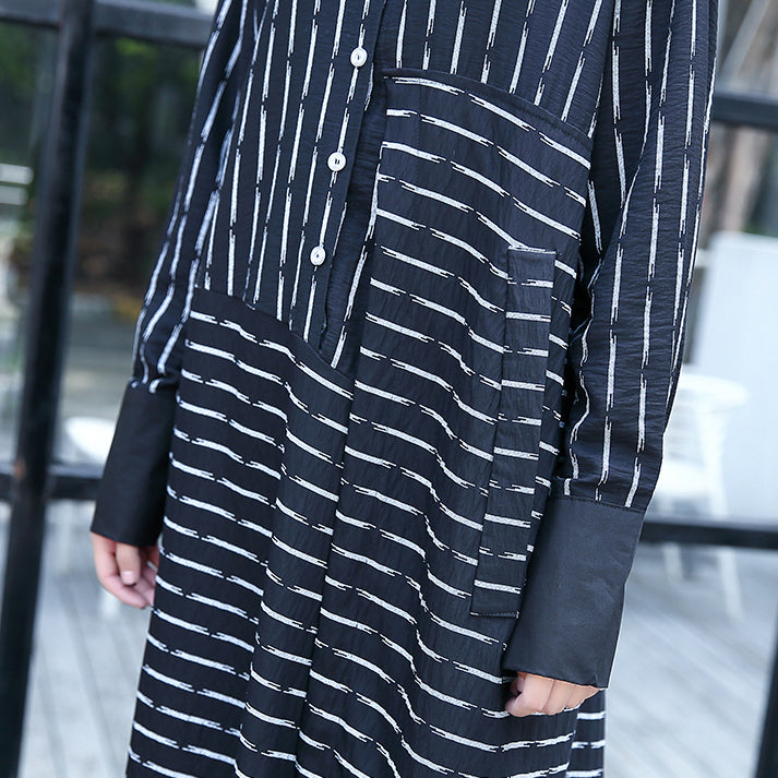 Fine Black White Striped Fall Shirt Dress Clothing Turn-down Collar Long Sleeve Asymmetrical Design Shirt Dresses