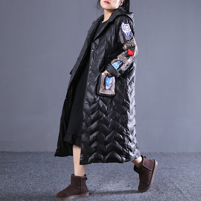 Fine Black Winter Down Coat Loose Fitting Hooded Down Coat Embroidery Pockets Winter Down Coat