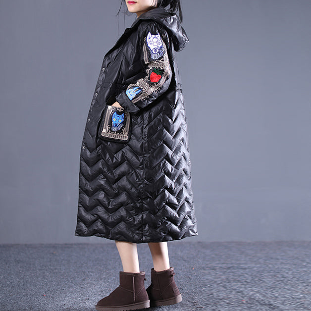 Fine Black Winter Down Coat Loose Fitting Hooded Down Coat Embroidery Pockets Winter Down Coat