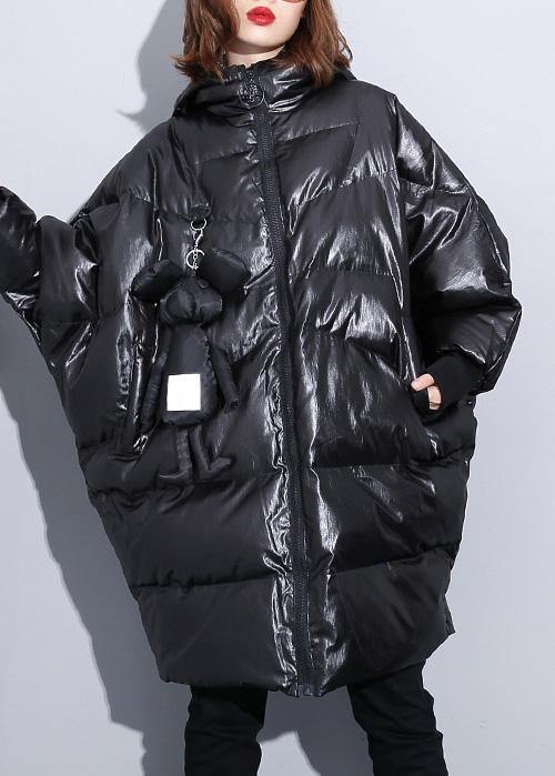 Fine Black Winter Outwear Coats Hooded Zippered Overcoat