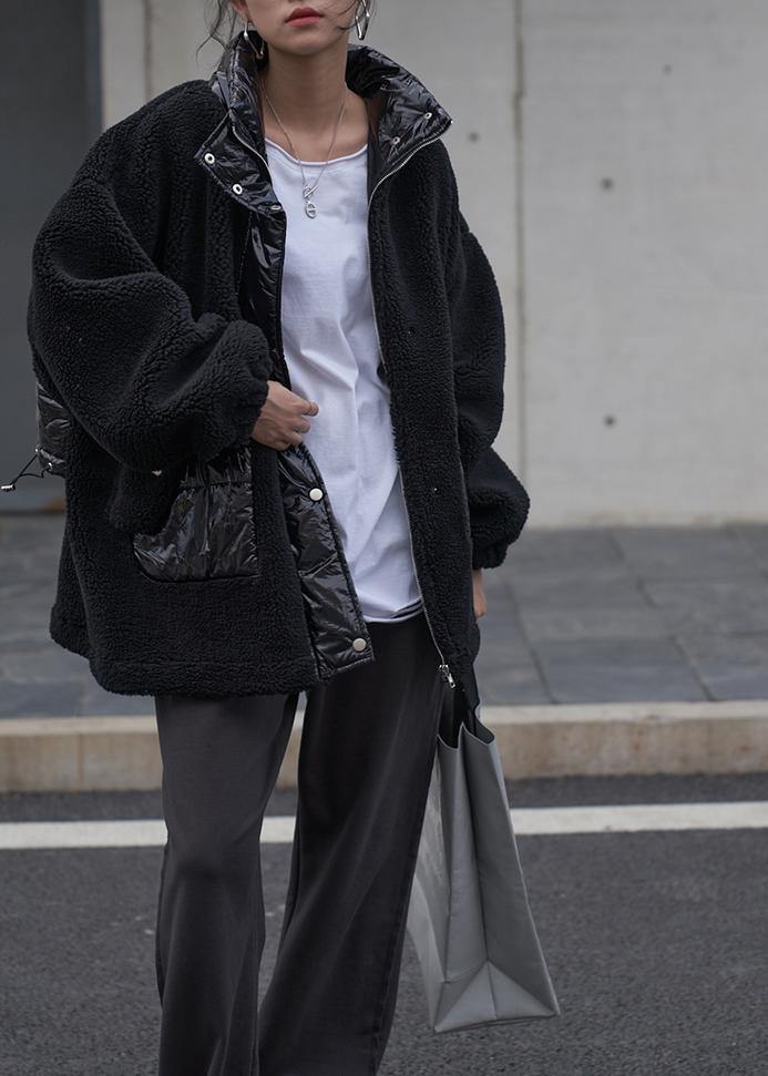 Black Wool Coat Stand Collar Patchwork Coats