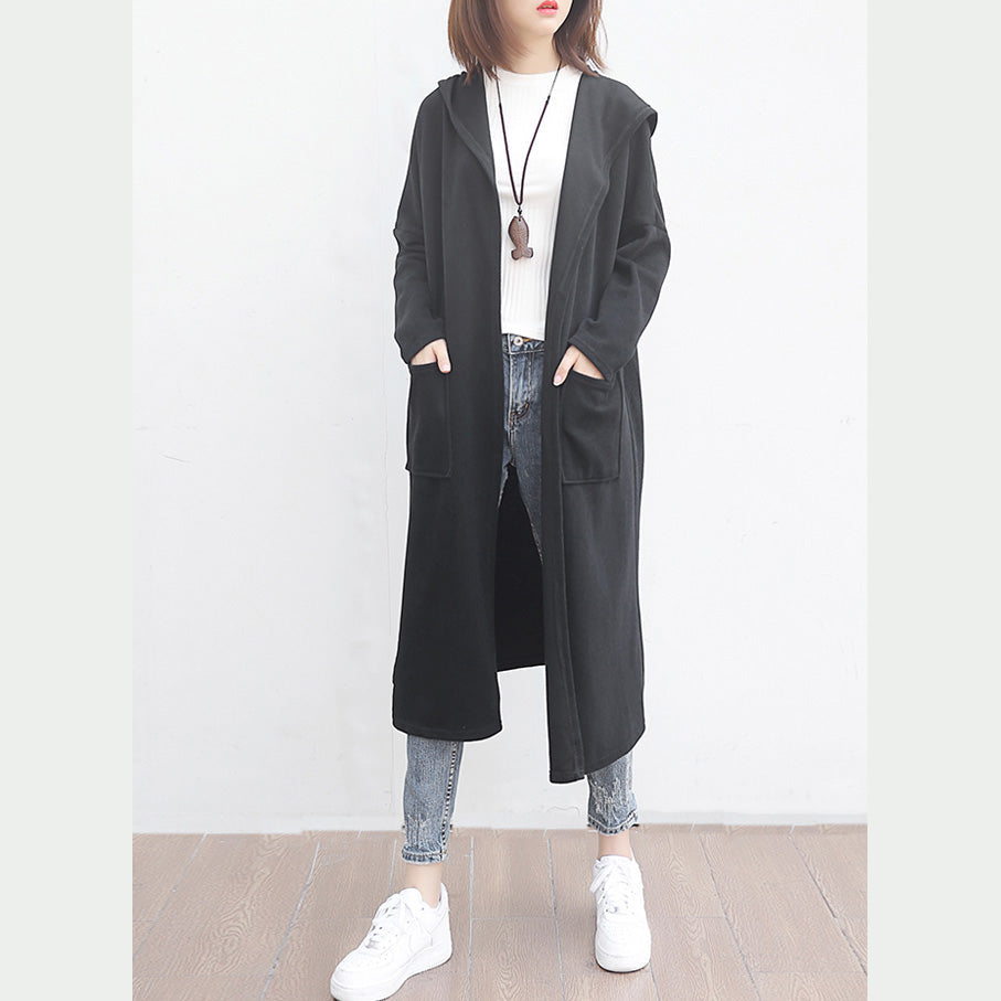 Fine Black Woolen Outwear Oversized Big Pockets Long Coats Hooded Jackets