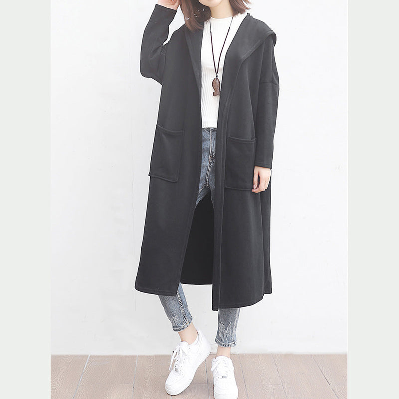 Fine Black Woolen Outwear Oversized Big Pockets Long Coats Hooded Jackets