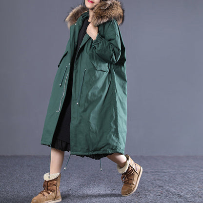 Fine Blackish Green Puffers Jackets Clothing Hooded Fur Collar Quilted Coat New Drawstring Pockets Winter Outwear