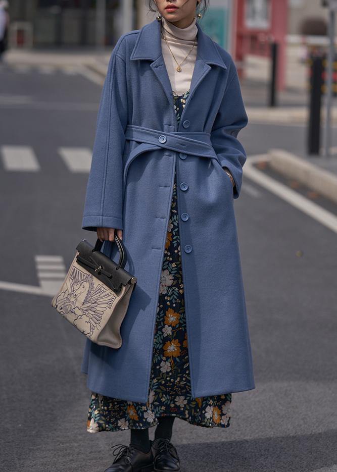 Blue Woolen Coats Oversize Notched Tie Waist Long Coat