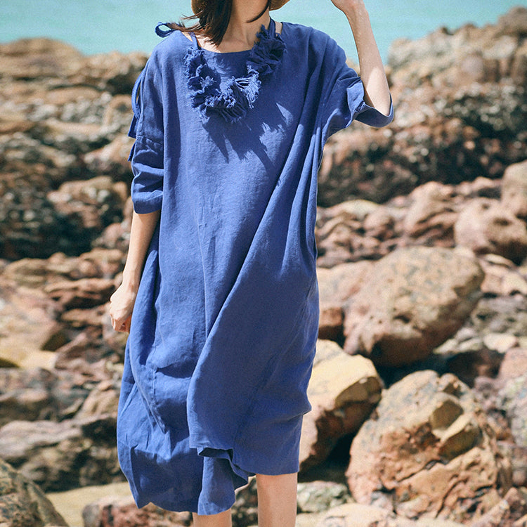 Fine Blue Linen Caftans Clothing O Neck Baggy Dresses Linen Clothing Dresses Half Sleeve Linen Dresses
