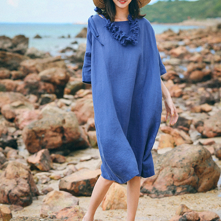 Fine Blue Linen Caftans Clothing O Neck Baggy Dresses Linen Clothing Dresses Half Sleeve Linen Dresses