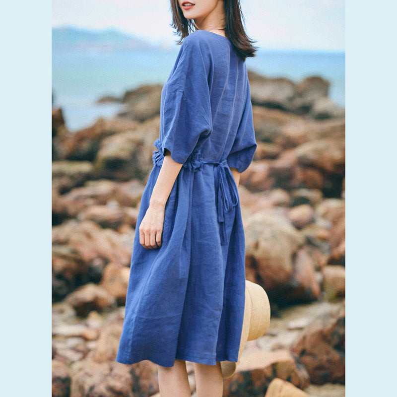 Fine Blue Linen Caftans Clothing O Neck Baggy Dresses Linen Clothing Dresses Half Sleeve Linen Dresses