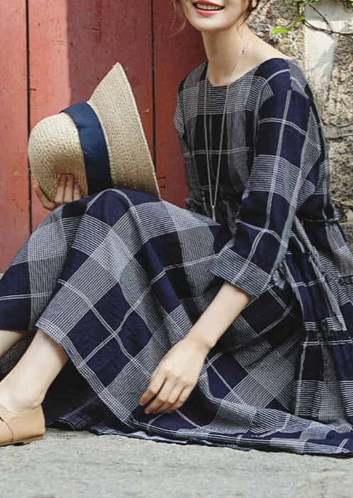 Fine Blue Plaid Grid Chiffon Caftans Loose Fitting O Neck Baggy Dresses Gown Half Sleeve Pockets Dresses
