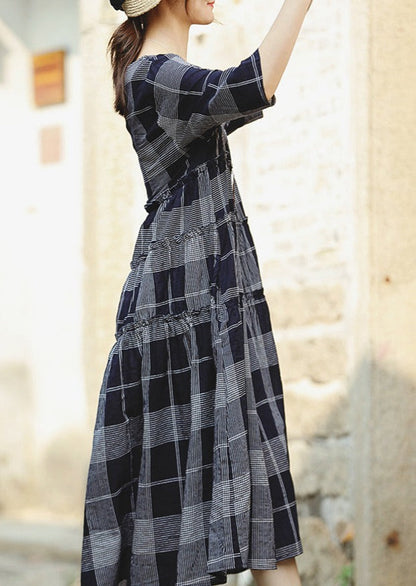 Fine Blue Plaid Grid Chiffon Caftans Loose Fitting O Neck Baggy Dresses Gown Half Sleeve Pockets Dresses