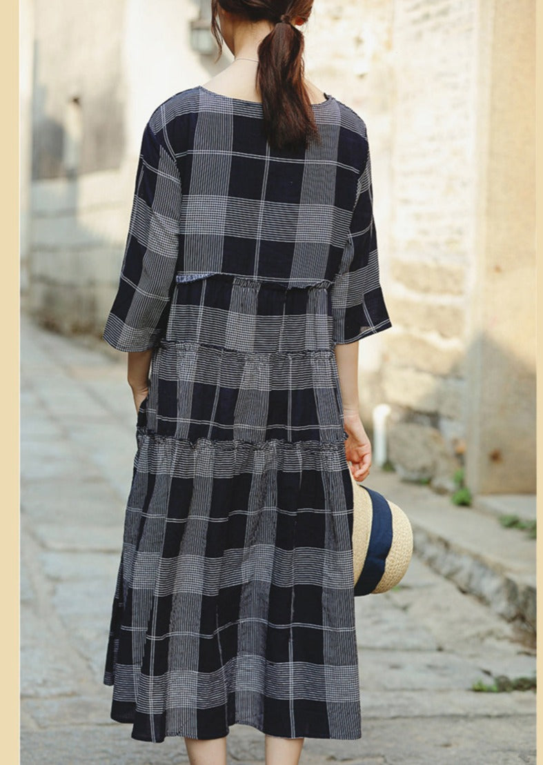 Fine Blue Plaid Grid Chiffon Caftans Loose Fitting O Neck Baggy Dresses Gown Half Sleeve Pockets Dresses