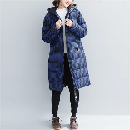Fine Blue Plaid Winter Parkas Hooded Snow Jackets Thick Winter Coats