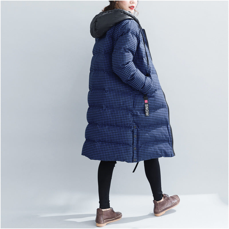Fine Blue Plaid Winter Parkas Hooded Snow Jackets Thick Winter Coats