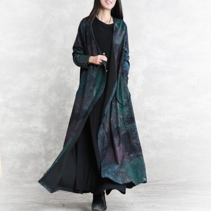Fine Blue Print Fall Dress V Neck Tie Waist Tunic Caftans Fine Long Sleeve Pockets Maxi Dresses
