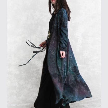 Fine Blue Print Fall Dress V Neck Tie Waist Tunic Caftans Fine Long Sleeve Pockets Maxi Dresses