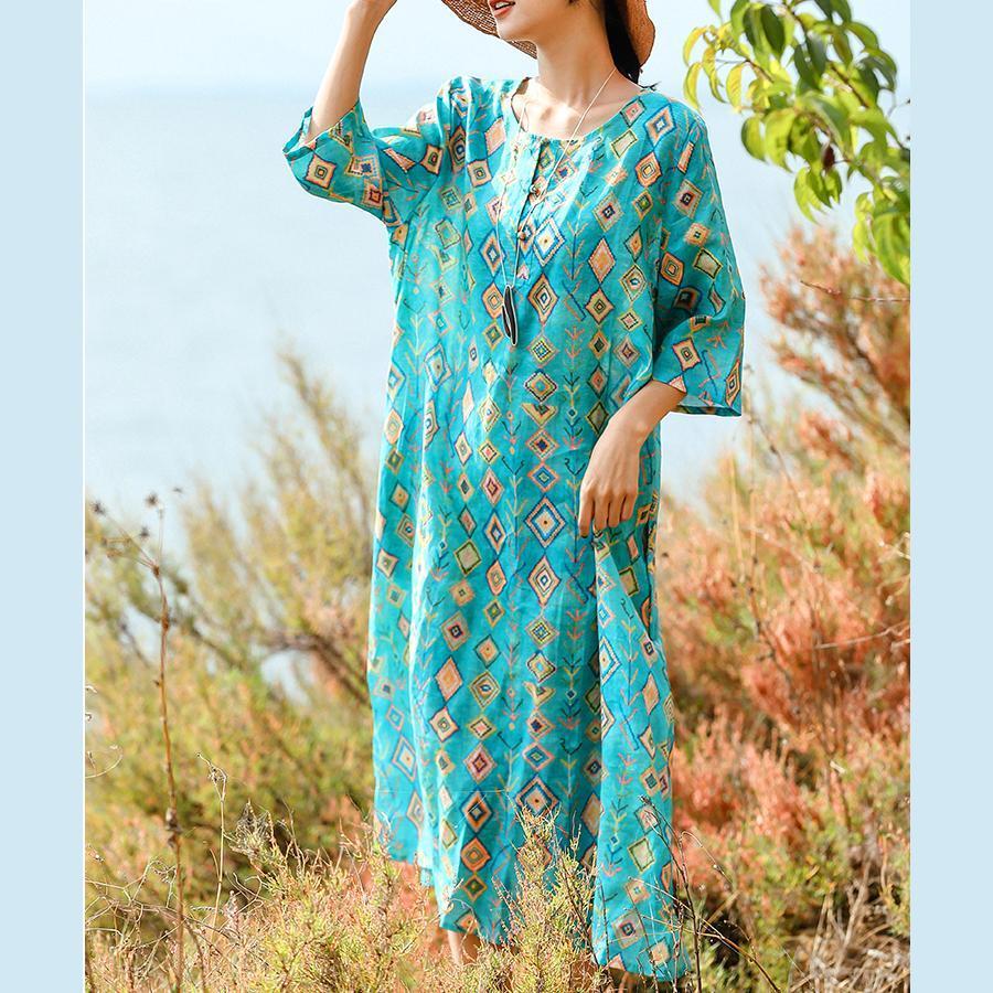 Fine Blue Print Natural Linen Dress Clothing O Neck Linen Maxi Dress Half Sleeve Baggy Dresses