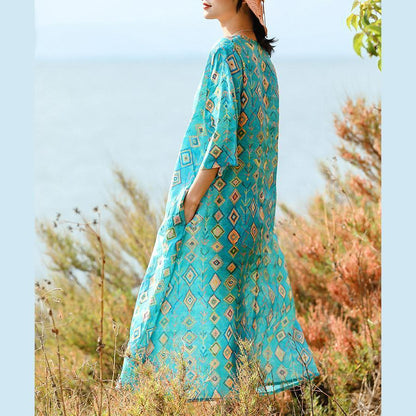 Fine Blue Print Natural Linen Dress Clothing O Neck Linen Maxi Dress Half Sleeve Baggy Dresses