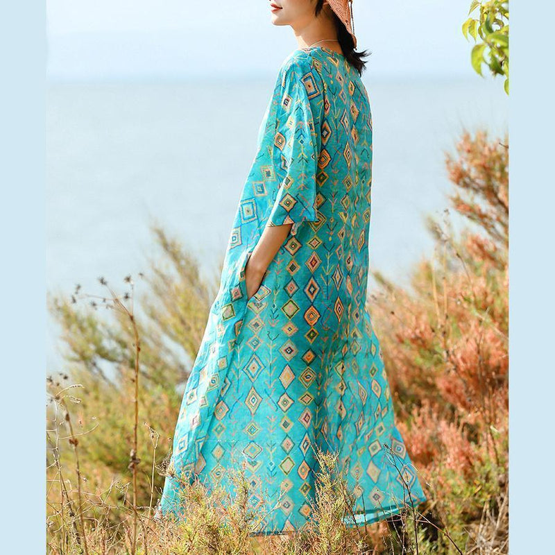 Fine Blue Print Natural Linen Dress Clothing O Neck Linen Maxi Dress Half Sleeve Baggy Dresses
