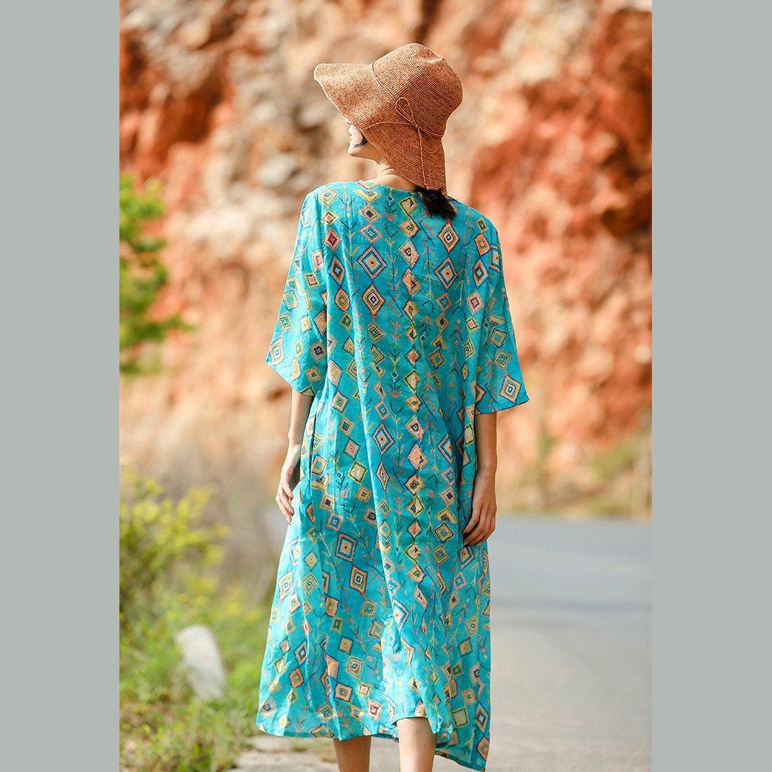 Fine Blue Print Natural Linen Dress Clothing O Neck Linen Maxi Dress Half Sleeve Baggy Dresses