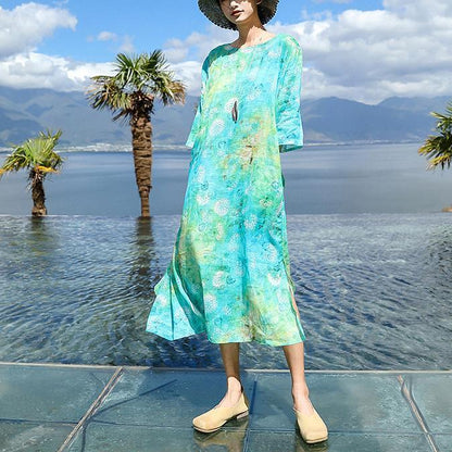 Fine Blue Print Natural Linen Dress O Neck Baggy Dresses New Three Quarter Sleeve Dresses