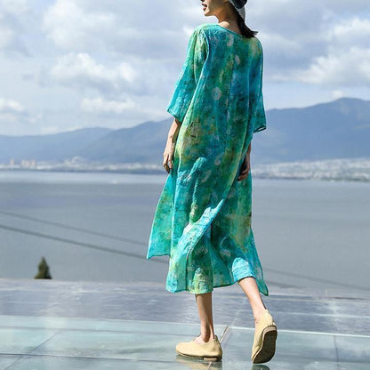 Fine Blue Print Natural Linen Dress O Neck Baggy Dresses New Three Quarter Sleeve Dresses