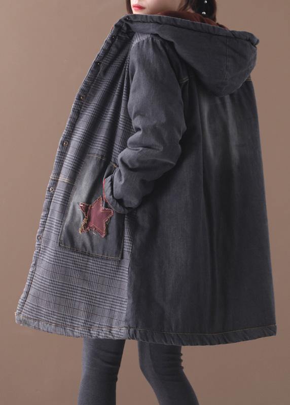 Fine Blue Winter Outwear Oversized Snow Jackets Patchwork Appliques Pockets Outwear