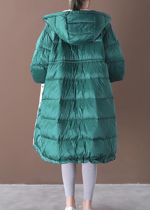 Down Jacket Coats Blue Green Hooded Pockets Goose Down Coat