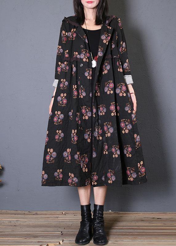 Fine Long Coat Fall Black Print Hooded Cinched Overcoat