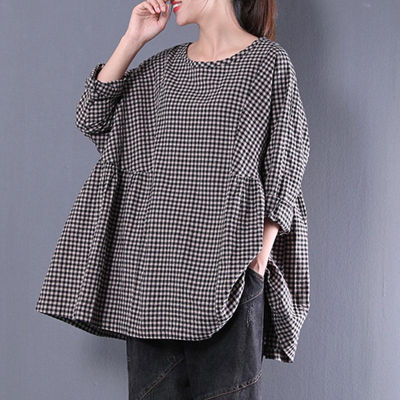 Fine Cotton Blended Blouses Oversized Round Neck Long Sleeve Spring Lattice Shirt